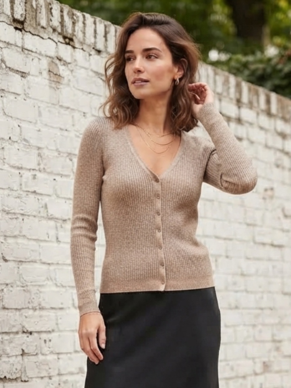 Alfred Sung Taupe Metallic Ribbed Cardigan Button Front Sweater Size M